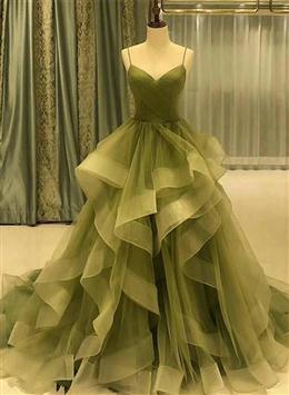 Picture of Green Straps Sweetheart Tulle Long Evening Dresses, Green Layers Tulle Prom Dresses